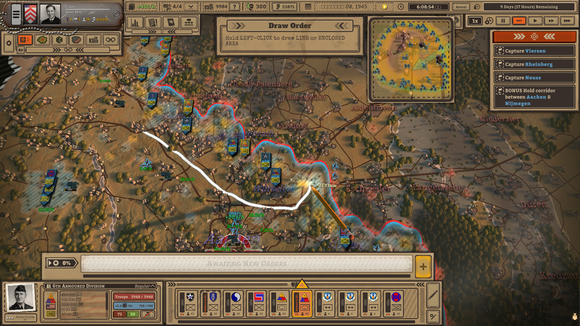Parchment map near Aachen with a white order line and a Draw Order panel.
