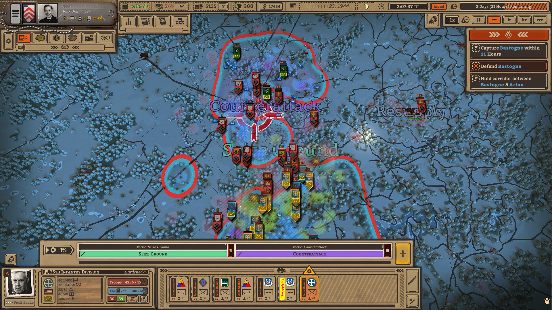 Blue-tinted map with a red counterattack outline around Bastogne.