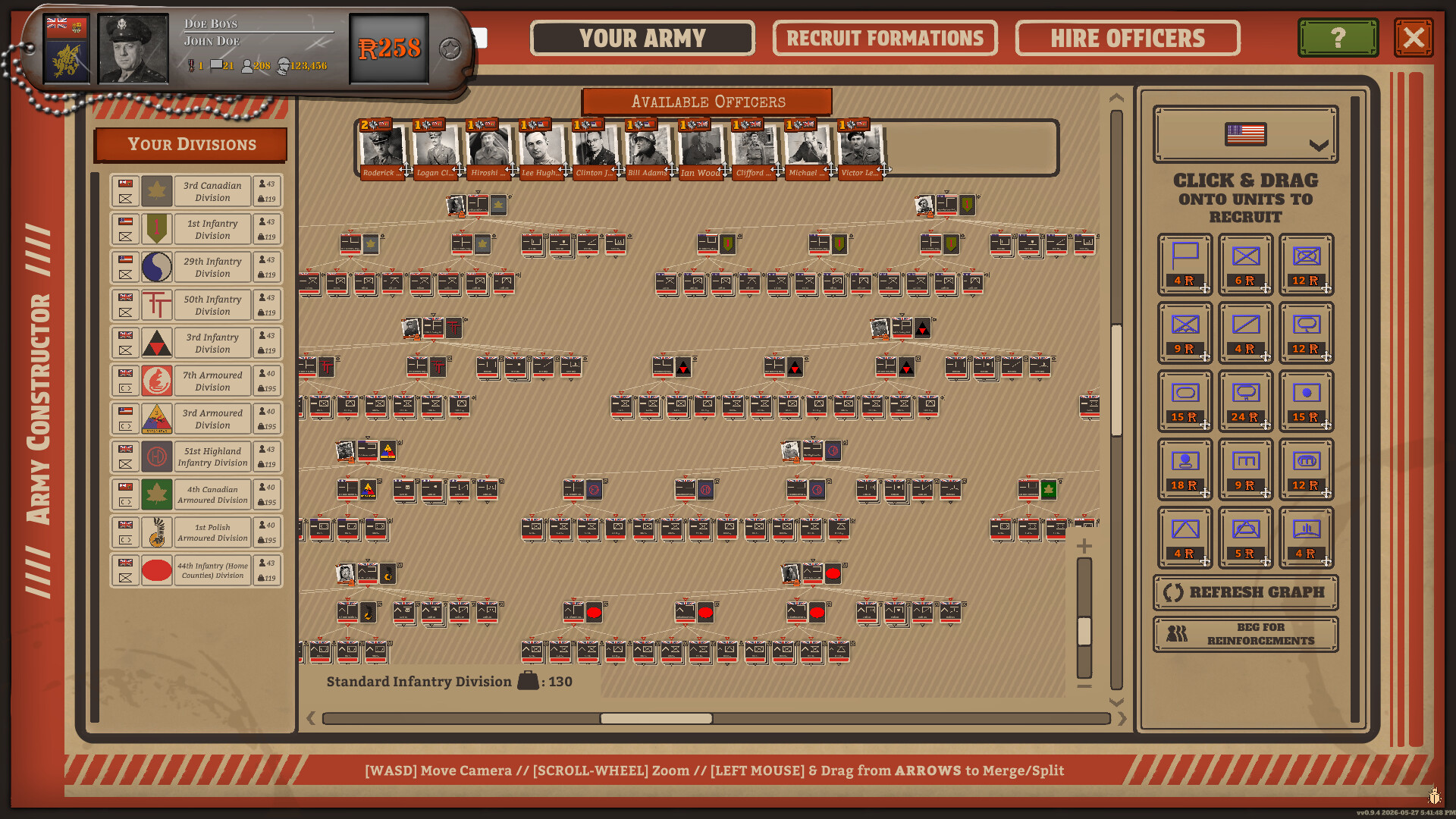 Army constructor with division cards and a graph of unit counters.